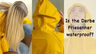 Blonde rainwear girl showering in her yellow PVC raincoat, jeans and leather boots