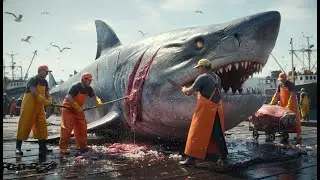 Massive alpha megalodon shatters industrial steel cables in sunlight