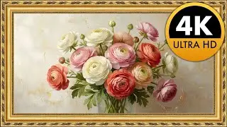 Luxury Ranunculus Flower Oil Painting in Gold Frame for TV Screensaver | Elegant Floral Art 4K