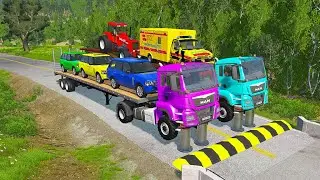 Double Flatbed Trailer Truck vs Speedbumps | Train vs Cars | Tractor vs Train | BeamNG.Drive #2