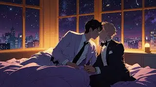 Lo-Fi instrumental music, two young men cuddling in a luxurious bedroom, a very romantic atmosphere.