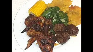TERIYAKI CHICKEN WINGS AND MEATBALLS WITH SPINACH AND FRIED TOSTONES.#ASIANINSPIRED #FAMILYDINNER