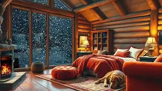 Snowstorm Ambience & Crackling Fireplace | Cozy Cabin Vibes with Sleeping Dog 🐶❄️🔥
