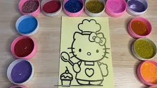 SAND PAINTING ART ~ COLORING HELLO KITTY BAKING CUPCAKE MUFFIN ~ KINETIC SAND