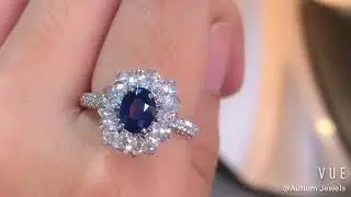 AU398 Diana Petal Halo Oval Ring, Unheated Blue Sapphire, Kinetic Jewelry, Diamonds, Engagement Ring