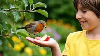 Bird eating fruit from child