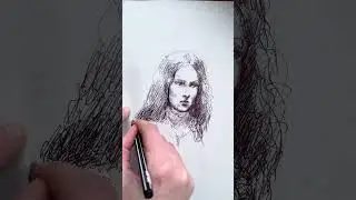 ASMR Portrait Drawing  Scumbling Technique  Black Ballpoint Pen                 (Real Time,No Music)