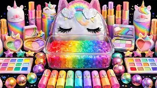 ASMR Clear Slime Mixing 💙💗 Rainbow Eyeshadow + Glitter Charms (So Satisfying)