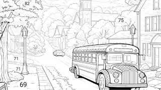 small town scene in autumn with orange leafed trees and school buses | Coloring Games