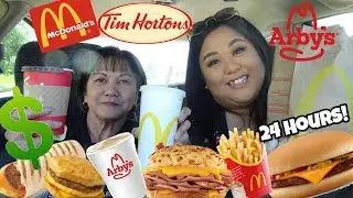 LETTING THE PERSON INFRONT OF US DECIDE WHAT WE EAT FOR 24 HOURS! | DRIVE THRU CHALLENGE