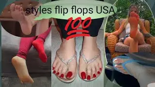 Girls soles poses flip flops and black red nails polish artwork USA 