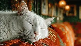 White Cat Sleeping in Elegant Room - Deep Sleep Music for Felines & Anxiety Relief