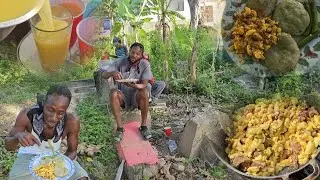 corned pork & ackee w callaloo dumpling and natural juice outdoor cooking Jamaica style