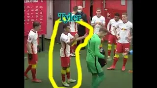 tyler adams highfives himself after being ignored by keepeer P&eacute;ter Gul&aacute;csi || aftermatch