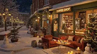 Christmas Atmosphere 🎄 Quiet and Cozy Outdoor Cafe with Christmas Jazz Music ❄Winter Night for Relax