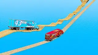 Mack truck vs Dinoco vs Impossible Log Wave Bridge vs Suspension -Cars vs Deep Water-BeamNG.drive