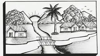 Simple Scenery Drawing||How To Draw Beautiful Village Scenery||Sunrise Scenery Drawing Easy