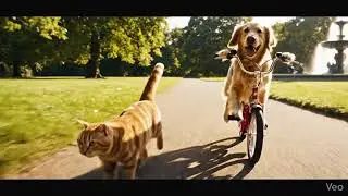 dog and cat a race with cycle