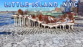 NYC's Little Island surrounded by patches of ice on frozen Hudson River, january 2026