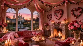 Romantic Castle Fireplace & Garden Ambience 🌹 Cozy Valentine&rsquo;s Evening | Soft Music & Fountain