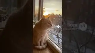A Happy Cat Watching Winter Sunset by the Window #cat #cute #happy #sunset #pets