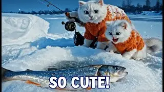 Heartwarming Snow Adventure: White Mother Cat & Kitten Fishing and Playing Together
