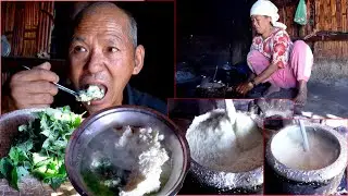 पिथेभात र सिस्नु CORN flour rice with nettle curry in the village || jungle family cooking