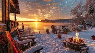 Fire pit on Winter and Snowfall on Lakeside | Cozy Ambient for Relaxing, Stress Relief