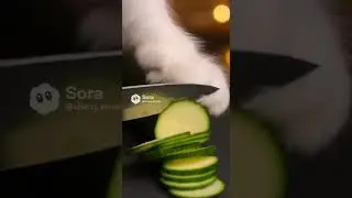 The cat's furry paws are cutting zucchini . Soft ASMR