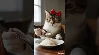 The cat is eating with a spoon on its own.