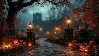 Gothic Halloween Castle Ambience | Study Dark Academia with Pumpkin Glow, Fireplace Sound | Relax