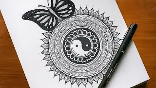 Modern Mandala Art | Butterfly & Yin-Yang Symbol | Hand-Drawn Ink Design with Aesthetic Detailing