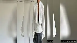 INCERUN Men Shirts Fashion Solid Color Tops V Neck Vintage Men's Clothing Party Tops Streetwear Over