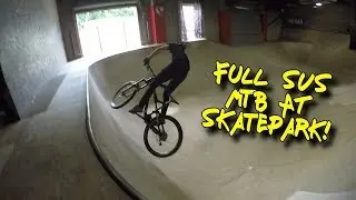 Full suspension mountain biking at a skatepark! [+FOAM PIT]
