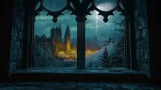 Rain-Soaked Hogwarts Castle Window at Night, Dark Ambience Sounds for Deep Sleep Relaxation