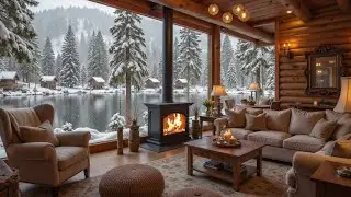 Relaxing Winter Snowfall with Soft Piano Music on Cozy Cabin Ambience ⛄ Fireplace Sounds for Unwind