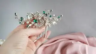 Wedding hair comb with opal and emerald crystals for bride