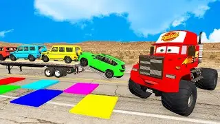Triple Flatbed Trailer McQueen Transportation with Truck - Speedbumps vs Cars vs Train - BeamNG #19