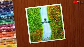 Oil Pastel Drawing - Waterfalls- couple on bridge Scenery / Step by step.
