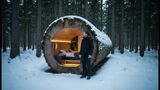 Trapped by Winter: I Built a Modern Shelter Inside a Massive Tree Log for 30 Days