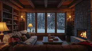 Cozy Cabin Living Room | Fireplace Sounds & Snowy Night Ambience