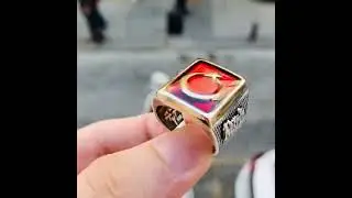Mens ring personalized name engraving bronze crescent star red enamel 925 sterling silver