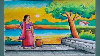 How to Draw Sunrise scenery||Winter Morning scenery with oilpastel Drawing||