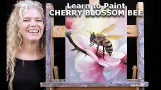 Realistic Animal Portrait Flower Painting Lesson - CHERRY BLOSSOM BEE - How to Draw & Paint Acrylics