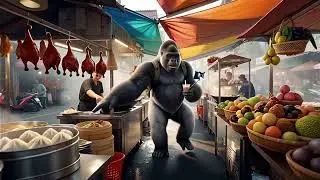 Gorilla exploring an Asian food market part 1