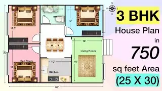 3 BHK House Plan in 750 sq feet (25 x 30)