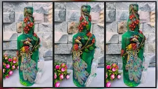 Bottle craft /peacock 🦚 design bottle craft /home decor /wine bottle craft /bestoutofwaste