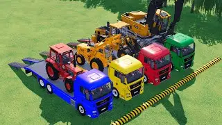 TRANSPORTING RED TRACTOR & EXCAVATOR, LOADER YELLOW LOADER ON COLORFUL TRUCK! 🏁