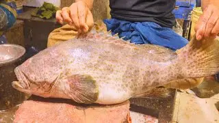 Big Hamour Fish Cutting Skills In Bangladesh Fish Market-Amazing Knife Skills