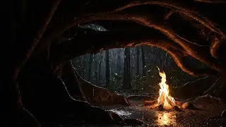 POV: Hidden Under a Fallen Tree Bridge 🌧️ Night Rain + River + Campfire Deep Sleep & Anxiety Relief